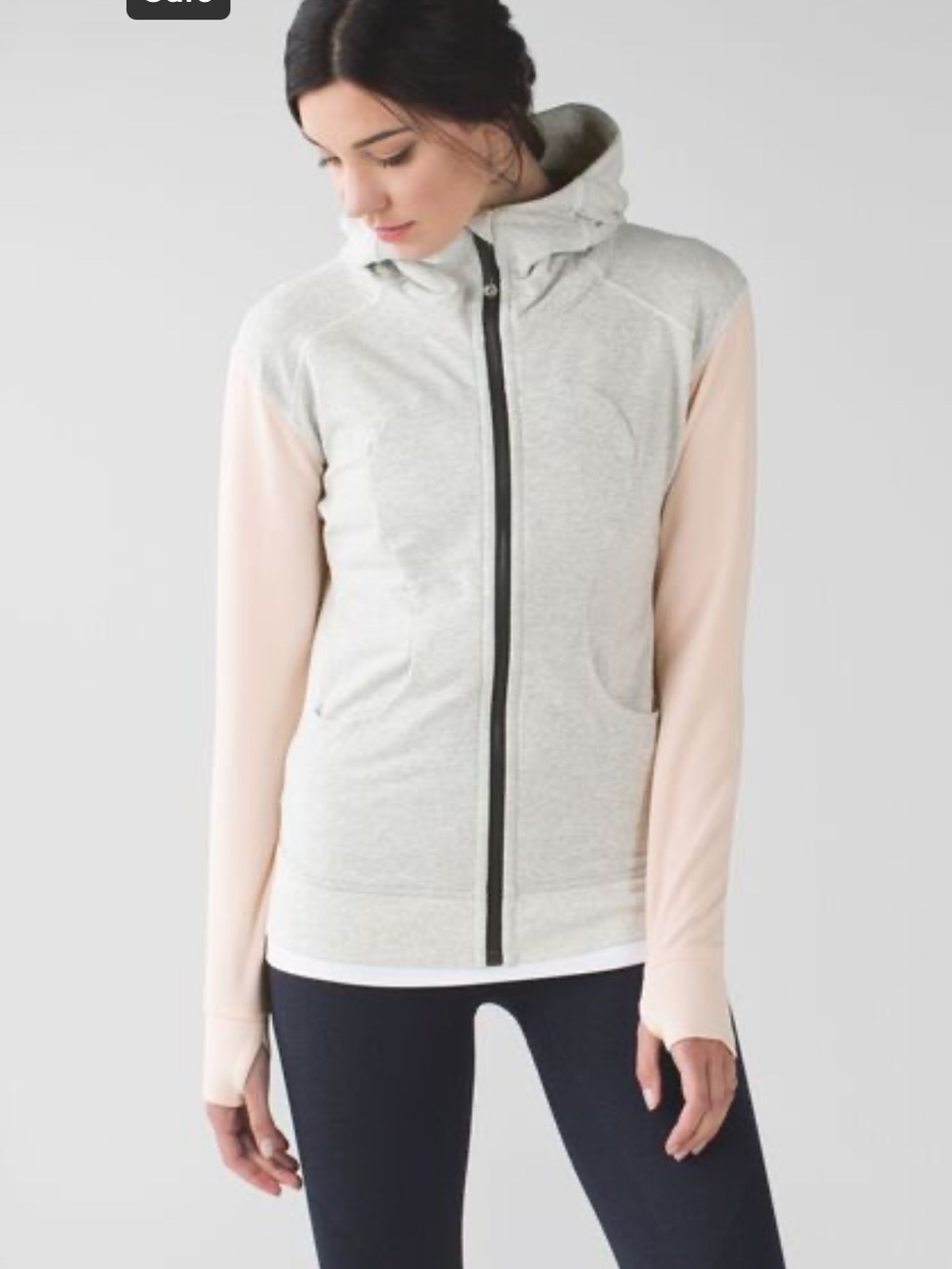 lululemon athletica Heathered Light Gray Hooded Zip with Pale Pink Sleeves